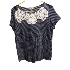 Croft & Barrow Navy and White Striped Blouse with Lace Detail